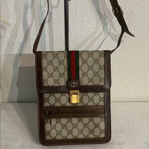 Gucci Beige Monogram Crossbody with Green-Red Web Stripe
